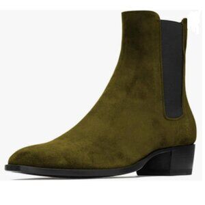FOWT Olive Green Men Fashion Round Toe Block Low Heel Stretchy Ankle Boots